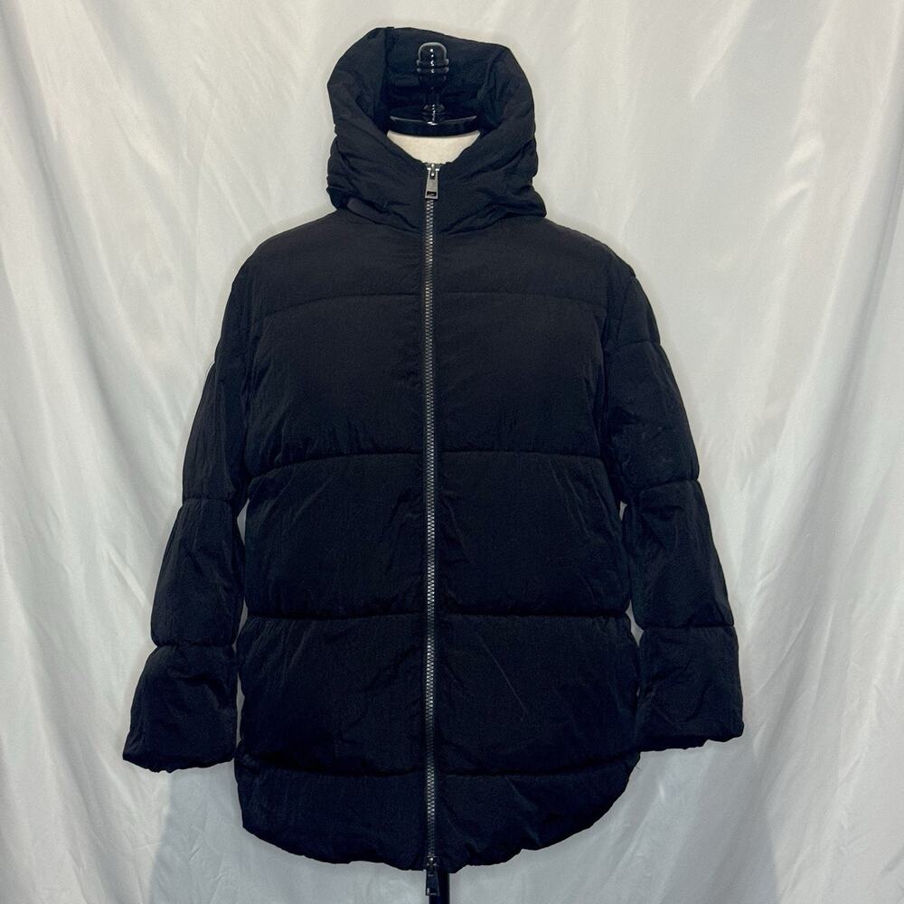 Zara Black Hooded Puffer Jacket Womens Size Large Full Zip Quilted Winter Coat